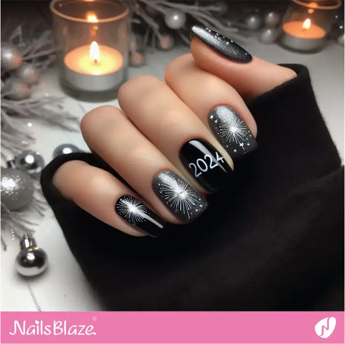 Black and Silver New Year's Nails with Firework Design | 2024 Nails - NB3720